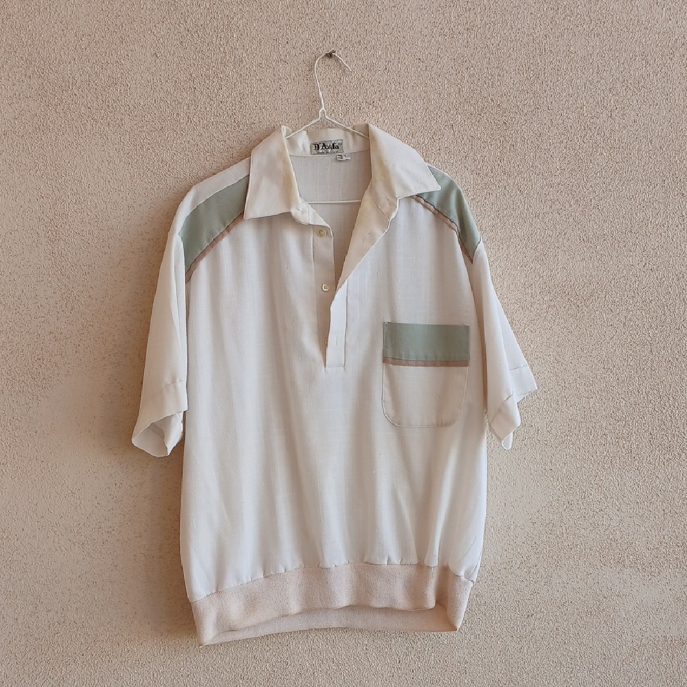 Men's White and Green Polo Shirt
